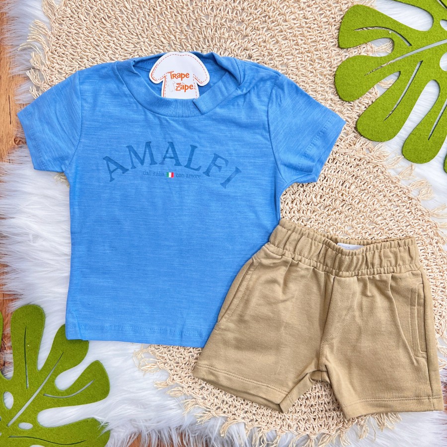 Conj. Camiseta Amalfi Dall'Italia e Bermuda Moletinho - Azul e Areia